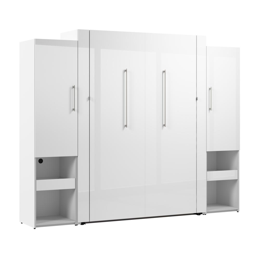 High Gloss Queen Murphy Bed and Storage Cabinets with Pull-Out Shelf (107W)