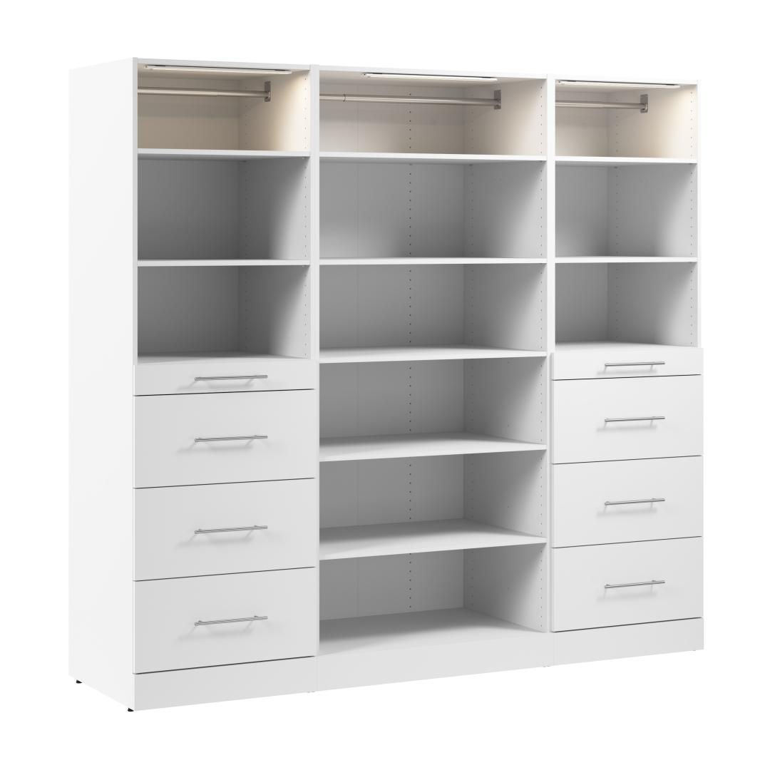 85W x 25D Modular Reach-In or Walk-In Closet System with LED Lights, Shelves, and Drawers, Slab Style