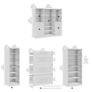 85W x 25D Modular Reach-In or Walk-In Closet System with LED Lights, Shelves, and Drawers, Shaker Style