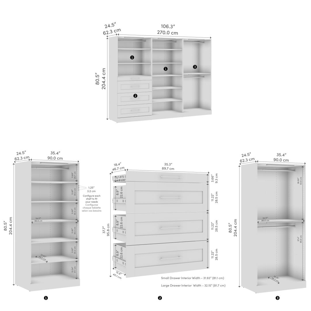 107W x 25D Modular Walk-In Closet System with LED Lights, Rods, Shelves, and Drawers, Shaker Style