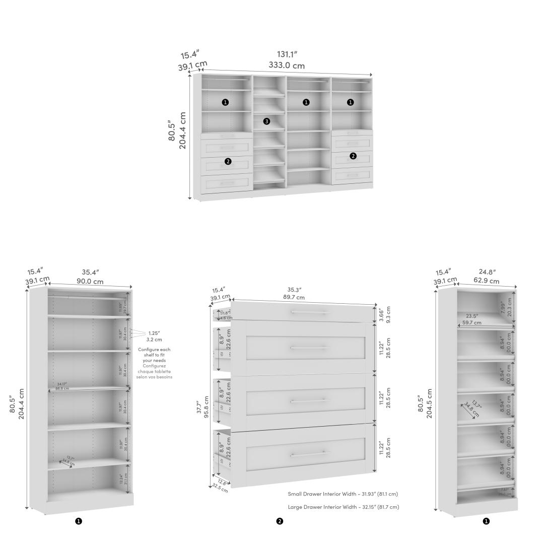 132W x 16D Modular Walk-In Closet System with Drawers and Shoe Shelves, Shaker Style