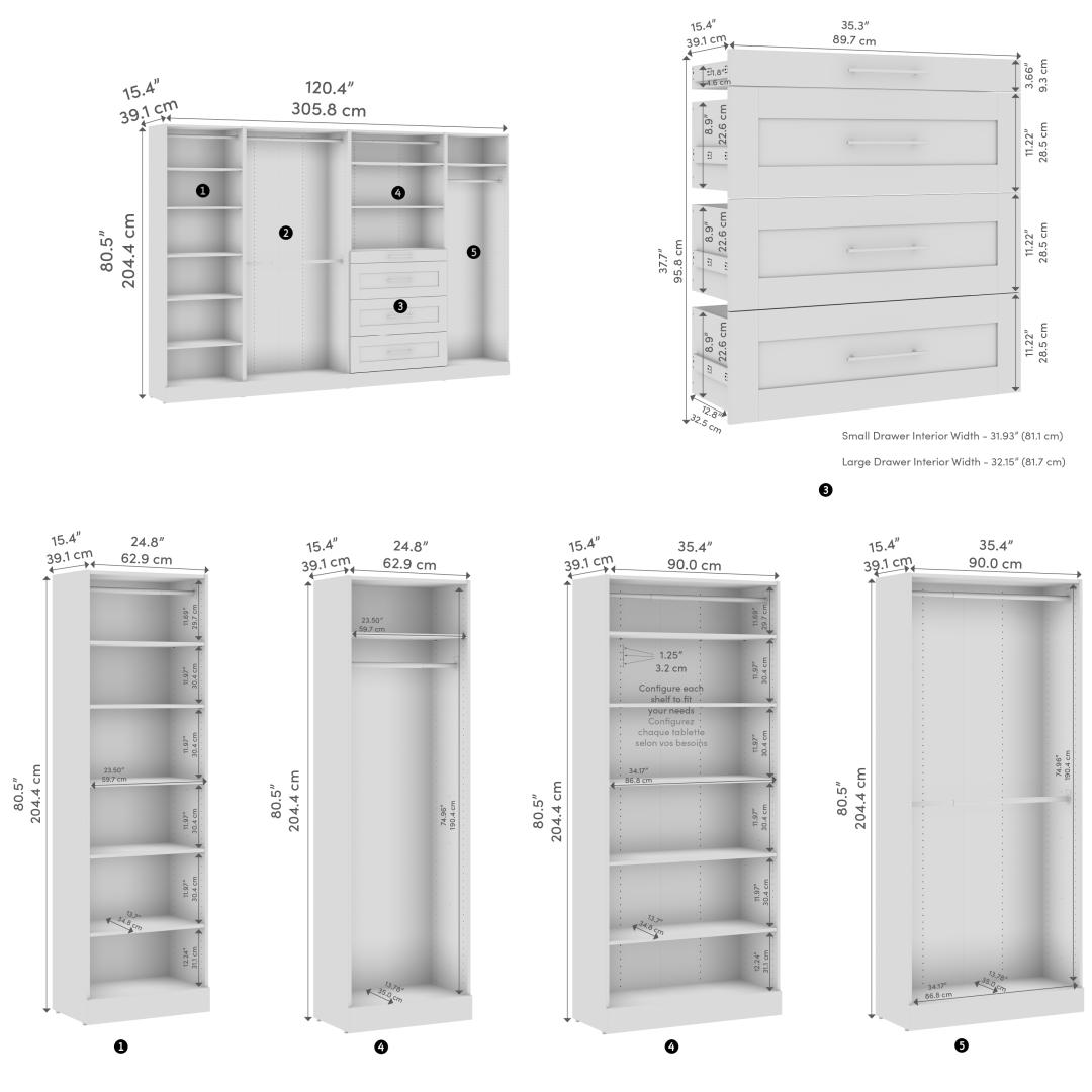 121W x 16D Modular Walk-In Closet System with Rods, Shelves, and Drawers, Shaker Style