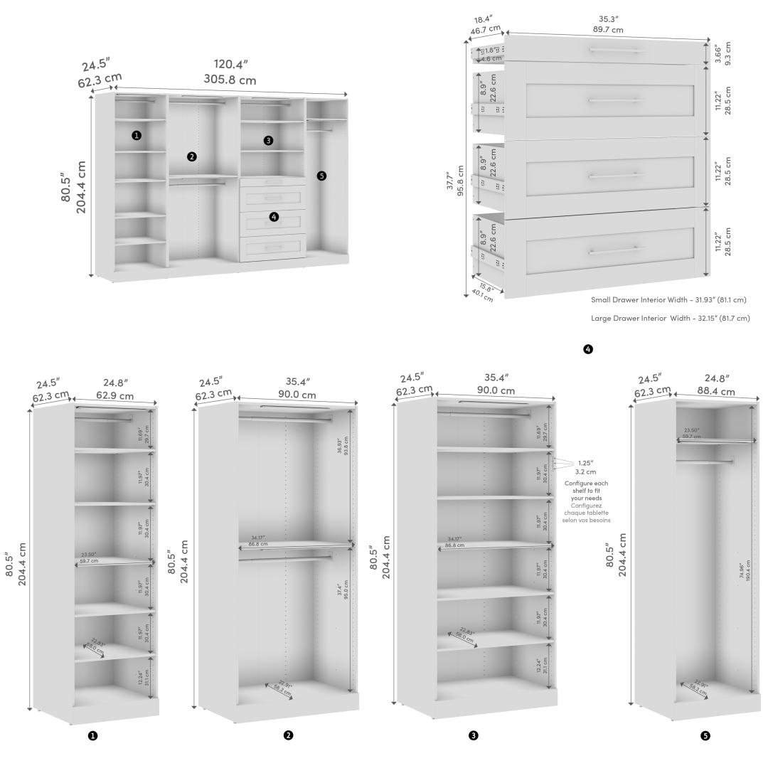 121W x 25D Modular Walk-In Closet System with LED Lights, Rods, Shelves, and Drawers, Shaker Style