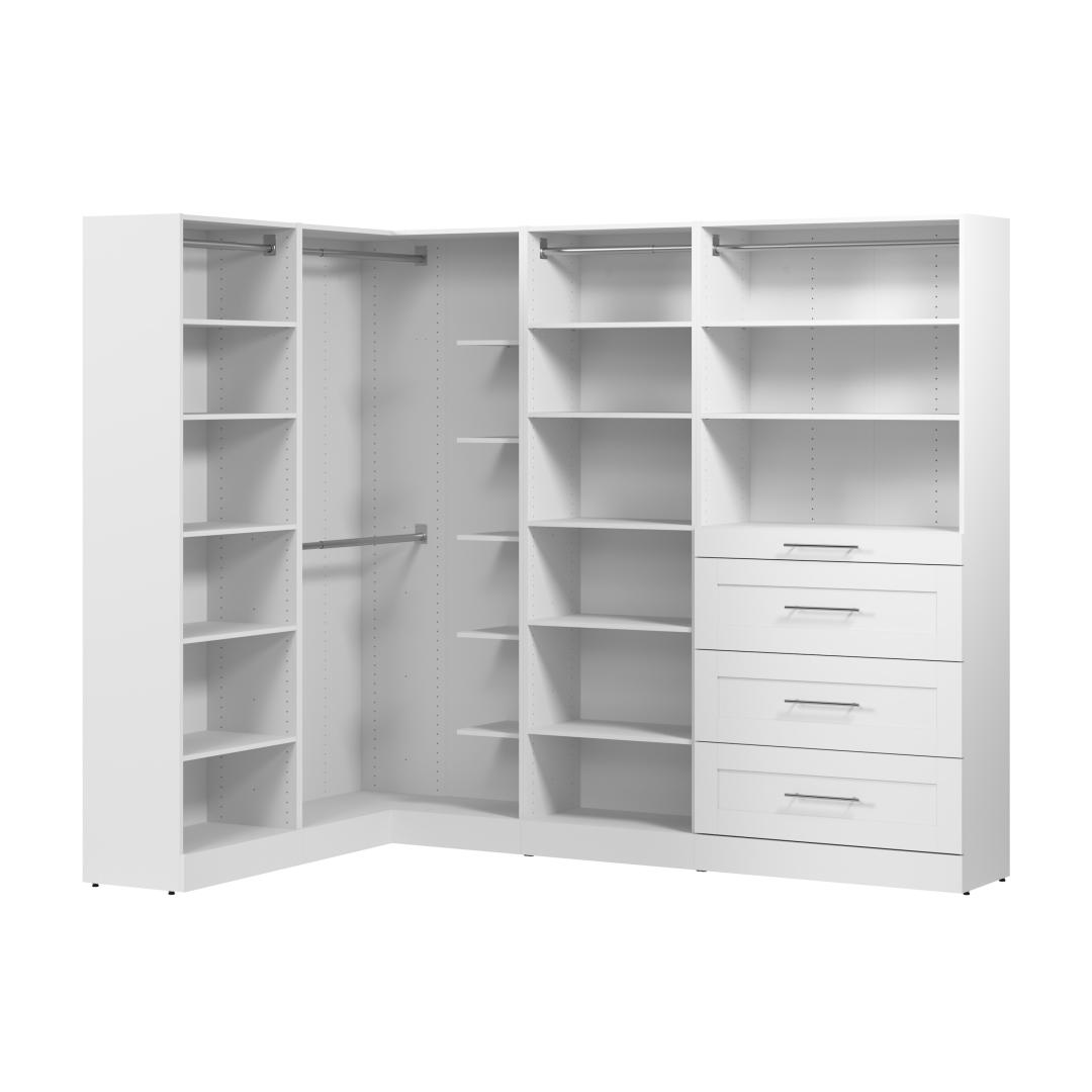 95W x 61D Modular L Shaped Walk-In Closet System with Rods, Shelves, and Drawers, Shaker Style