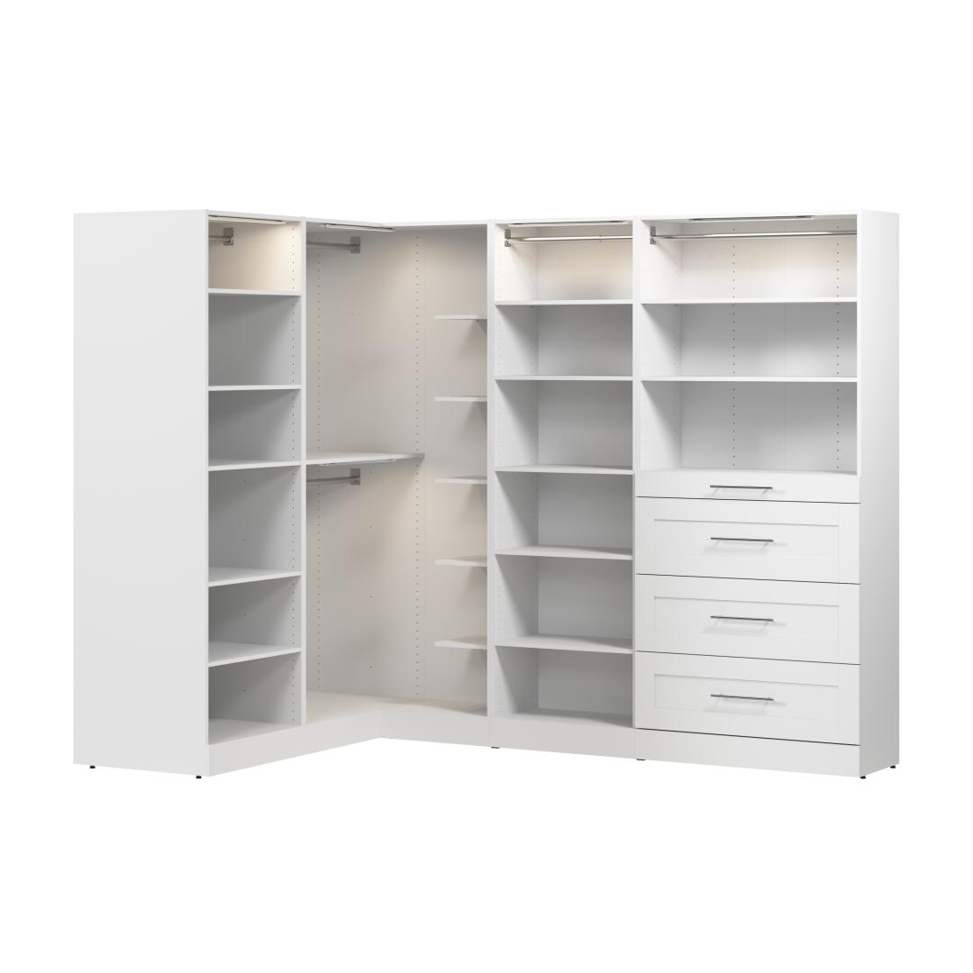 105W x 61D Modular L Shaped Walk-In Closet System with LED Lights, Rods, Shelves, and Drawers, Shaker Style