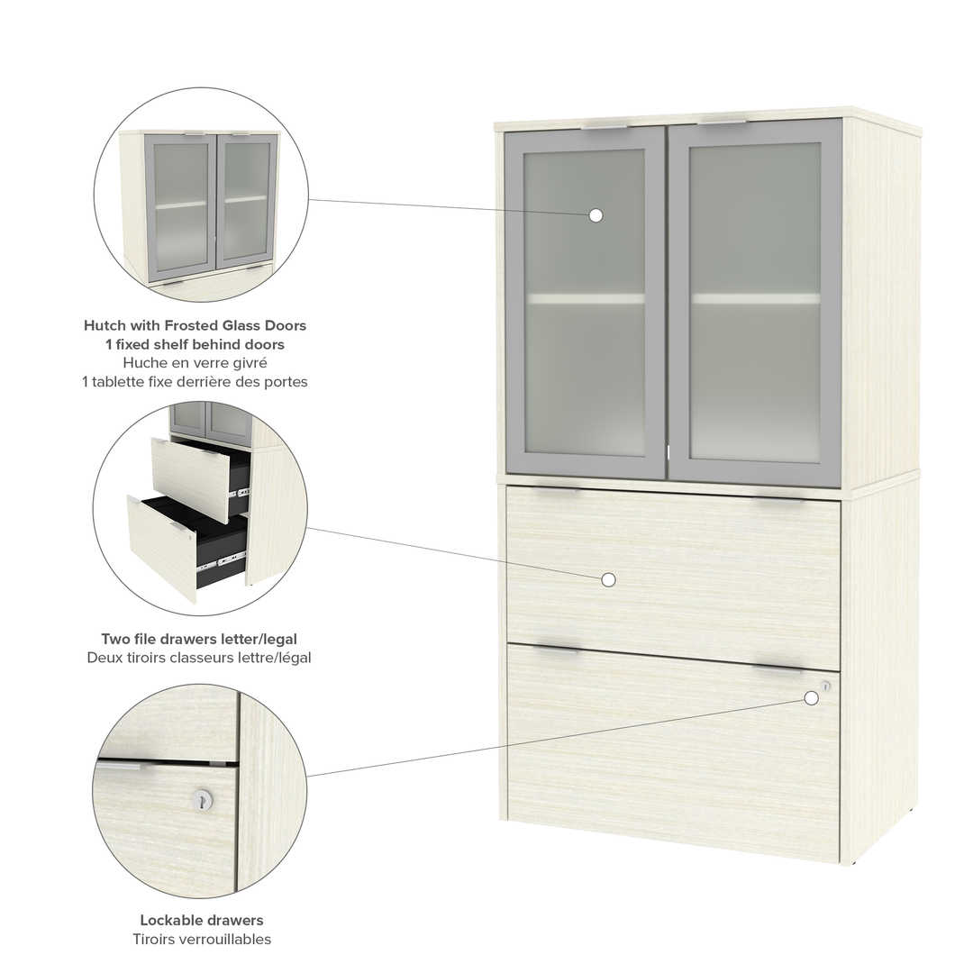 i3 Plus Lateral File Cabinet with Frosted Glass Doors Hutch | Bestar