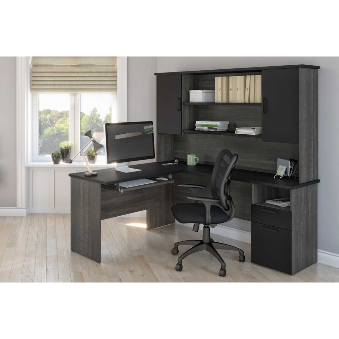 Bestar Pro Linea White L Desk with Open Hutch