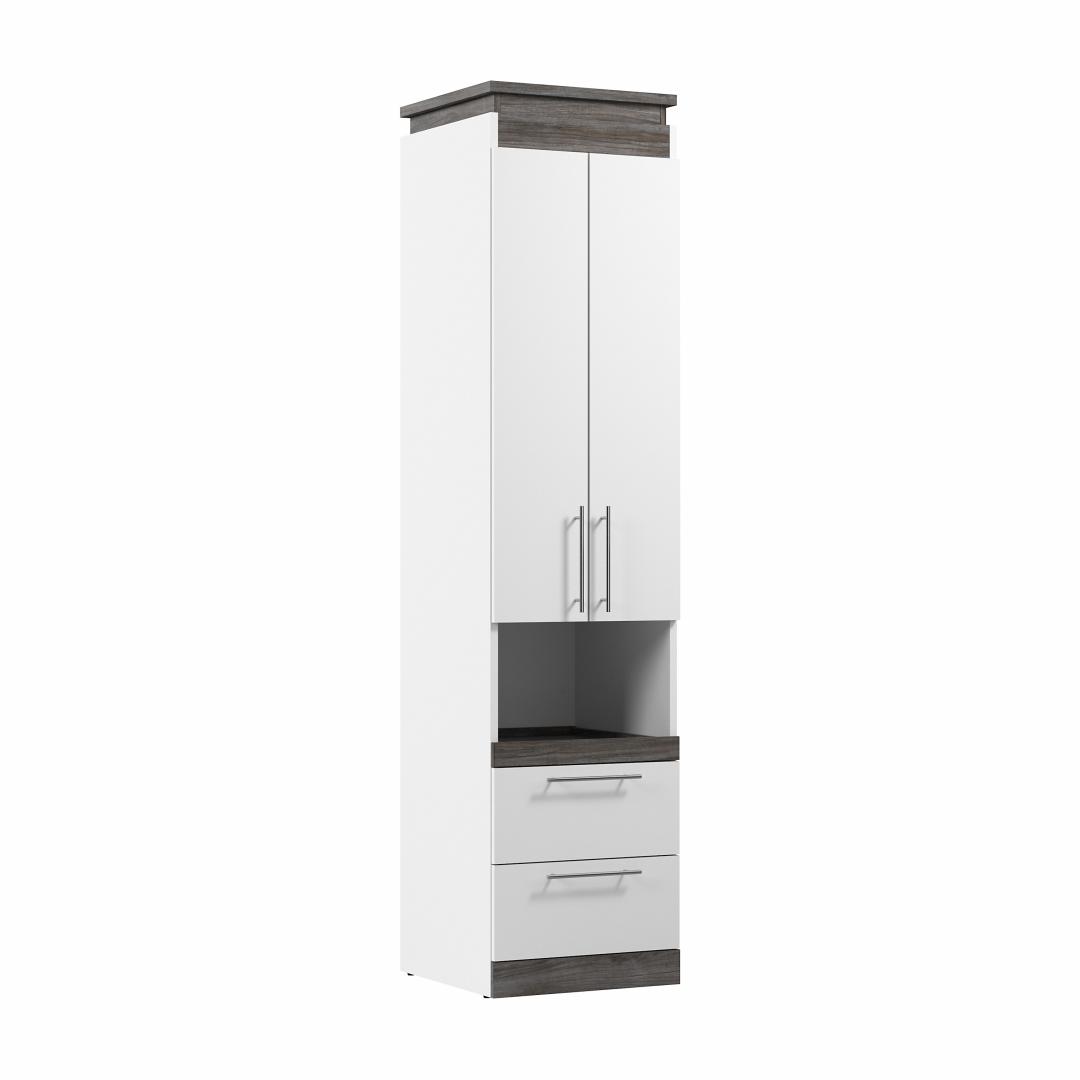 20W Narrow Storage Cabinet with Doors, Drawers and Pull-Out Shelf in White & Walnut Grey by Bestar